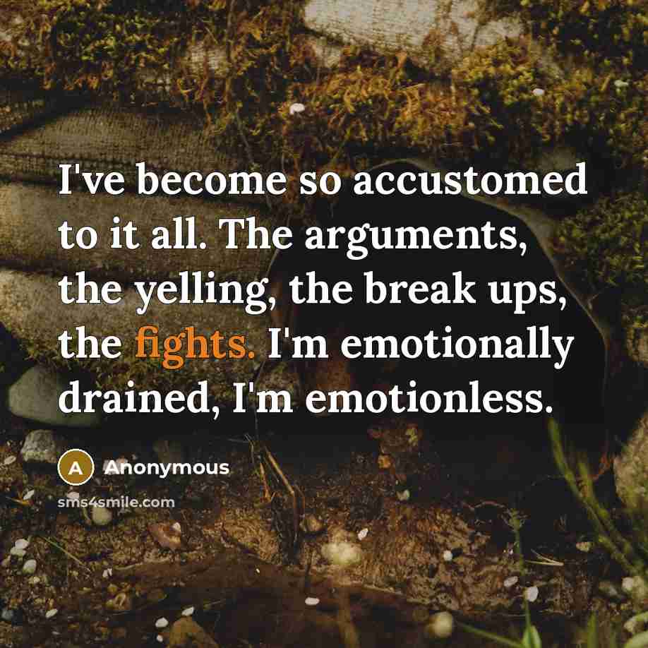“I've become so accustomed to it all. The arguments, the yelling, the break ups, the fights. I'm emotionally drained, I'm emotionless.” quote by Anonymous