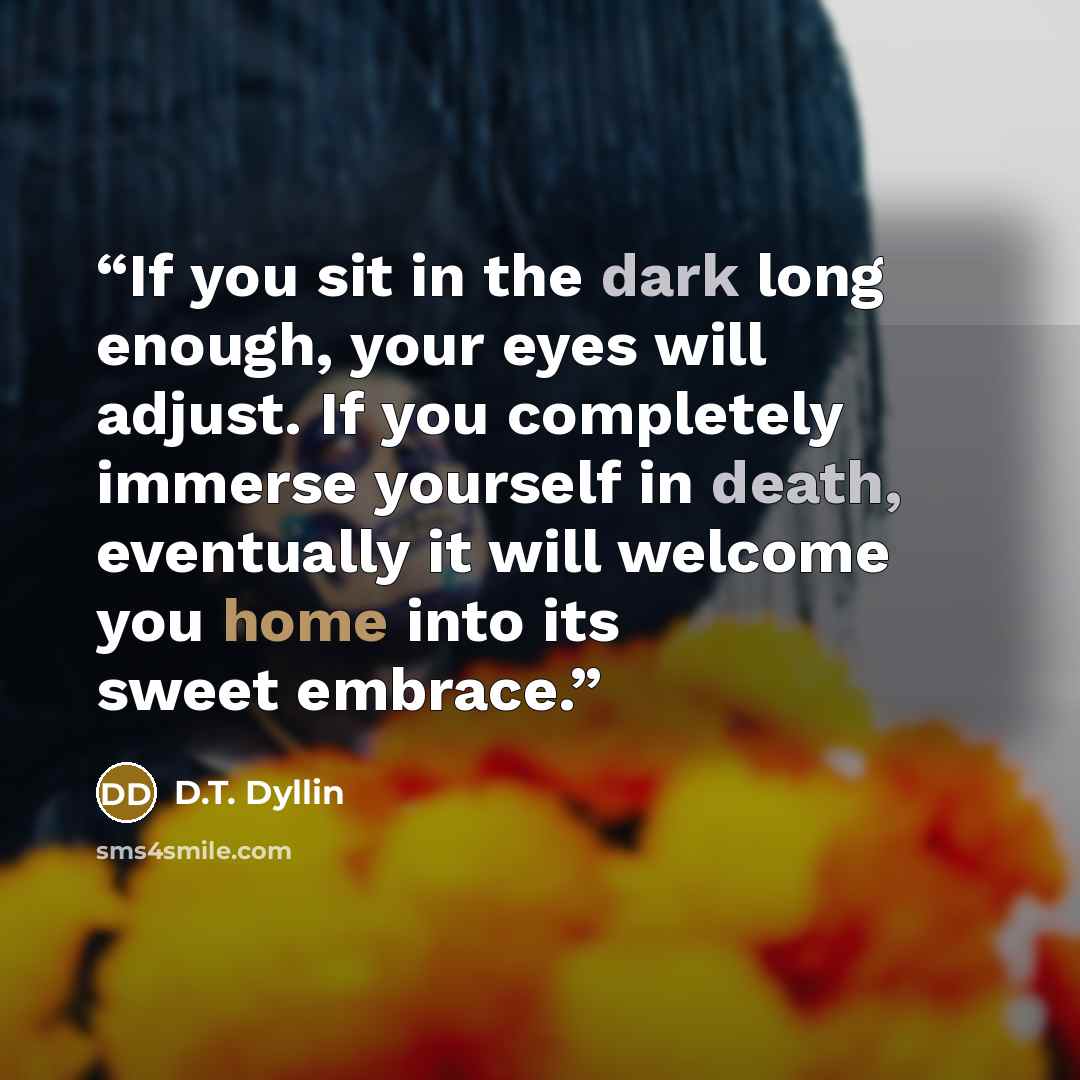 “If you sit in the dark long enough, your eyes will adjust. If you completely immerse yourself in death, eventually it will welcome you home into its sweet embrace.” quote by D.T. Dyllin
