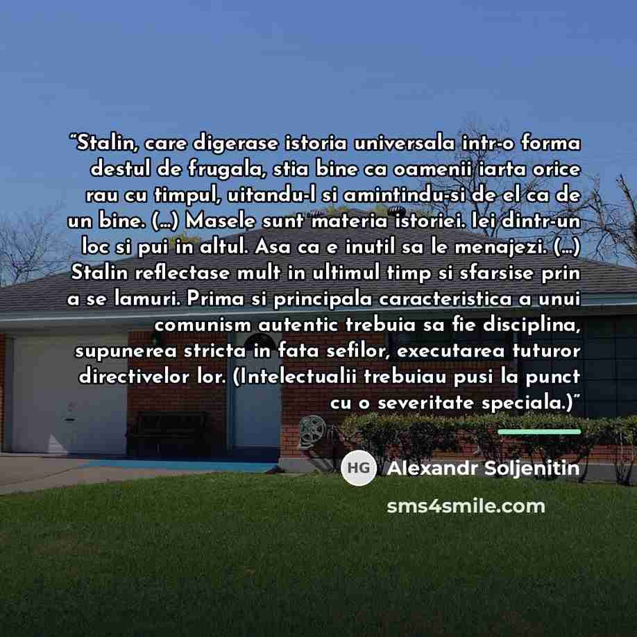 “Stalin, care digerase istoria universala intr-o forma destul de frugala, stia bine ca oamenii iarta orice rau cu timpul, uitandu-l si amintindu-si de el ca de un bine. (...) Masele sunt materia istoriei. Iei dintr-un loc si pui in altul. Asa ca e inutil sa le menajezi. (...) Stalin reflectase mult…” quote by Alexandr Soljenitin