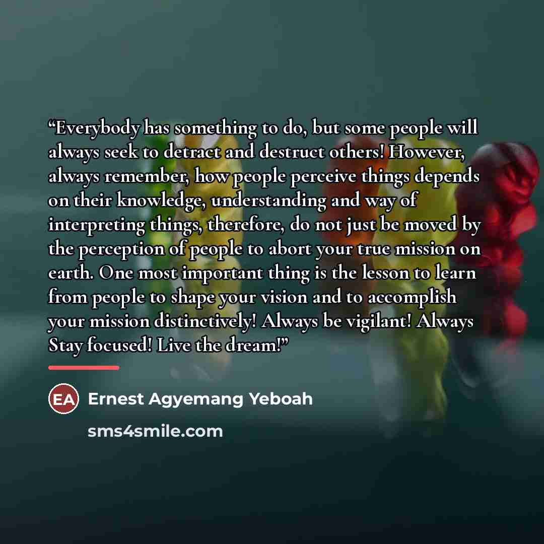 “Everybody has something to do, but some people will always seek to detract and destruct others! However, always remember, how people perceive things depends on their knowledge, understanding and way of interpreting things, therefore, do not just be moved by the perception of people to abort your…” quote by Ernest Agyemang Yeboah
