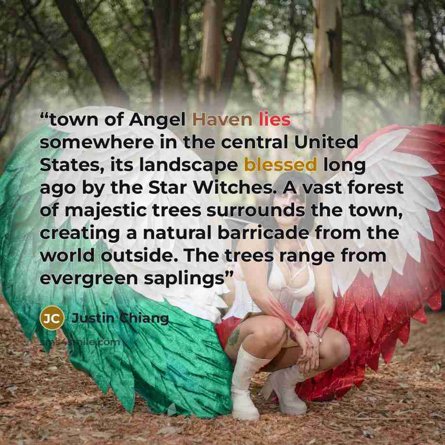 “town of Angel Haven lies somewhere in the central United States, its landscape blessed long ago by the Star Witches. A vast forest of majestic trees surrounds the town, creating a natural barricade from the world outside. The trees range from evergreen saplings” quote by Justin Chiang