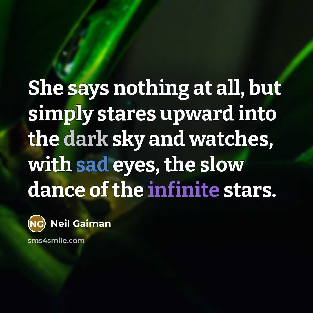 “She says nothing at all, but simply stares upward into the dark sky and watches, with sad eyes, the slow dance of the infinite stars.” quote by Neil Gaiman