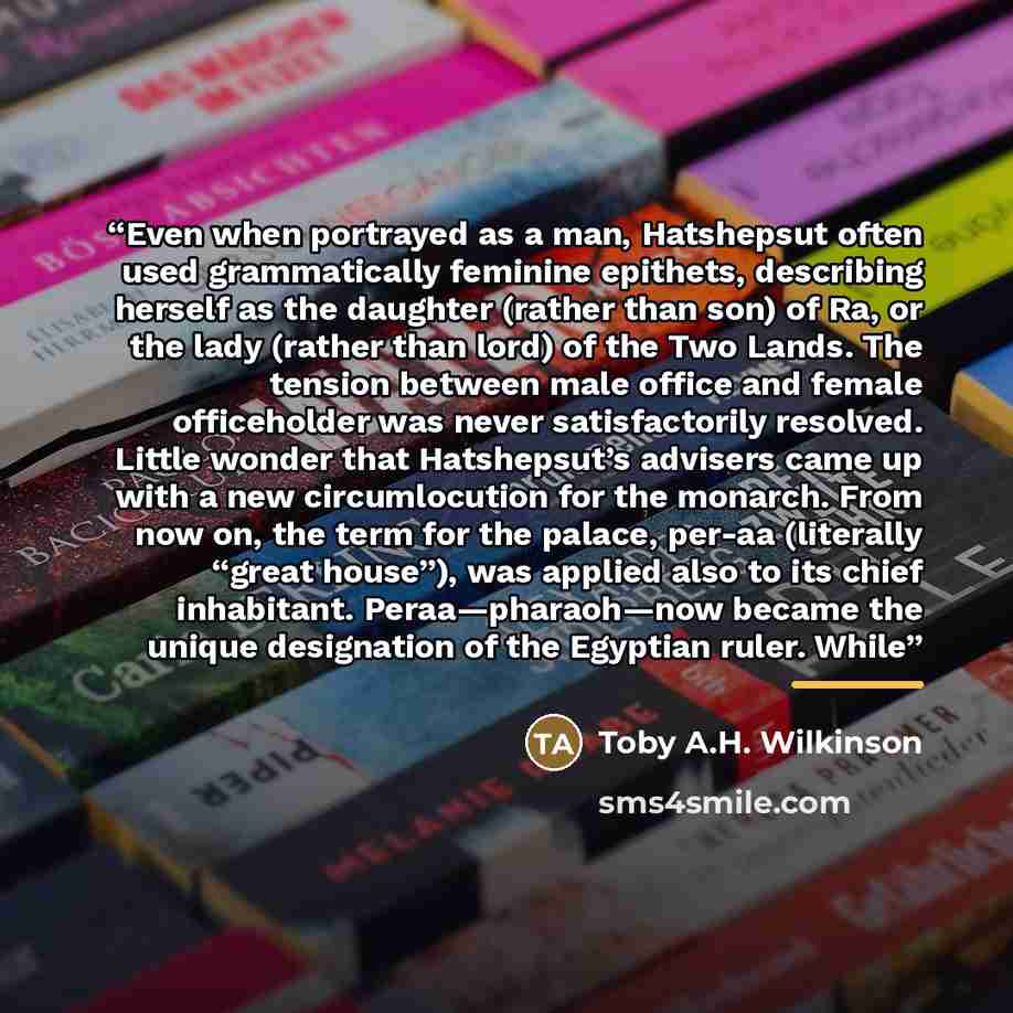“Even when portrayed as a man, Hatshepsut often used grammatically feminine epithets, describing herself as the daughter (rather than son) of Ra, or the lady (rather than lord) of the Two Lands. The tension between male office and female officeholder was never satisfactorily resolved. Little wonder…” quote by Toby A.H. Wilkinson