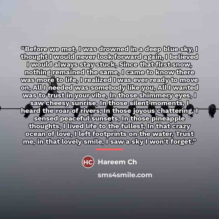 “Before we met, I was drowned in a deep blue sky, I thought I would never look forward again, I believed I would always stay stuck, Since that first snow, nothing remained the same, I came to know there was more to life, I realized I was ever ready to move on, All I needed was somebody like you…” quote by Hareem Ch
