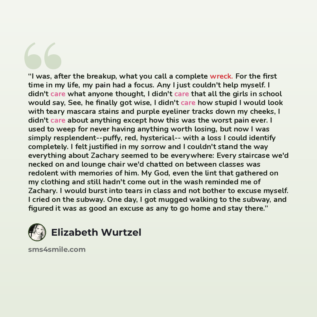 “I was, after the breakup, what you call a complete wreck. For the first time in my life, my pain had a focus. Any I just couldn't help myself. I didn't care what anyone thought, I didn't care that all the girls in school would say, See, he finally got wise, I didn't care how stupid I would look…” quote by Elizabeth Wurtzel