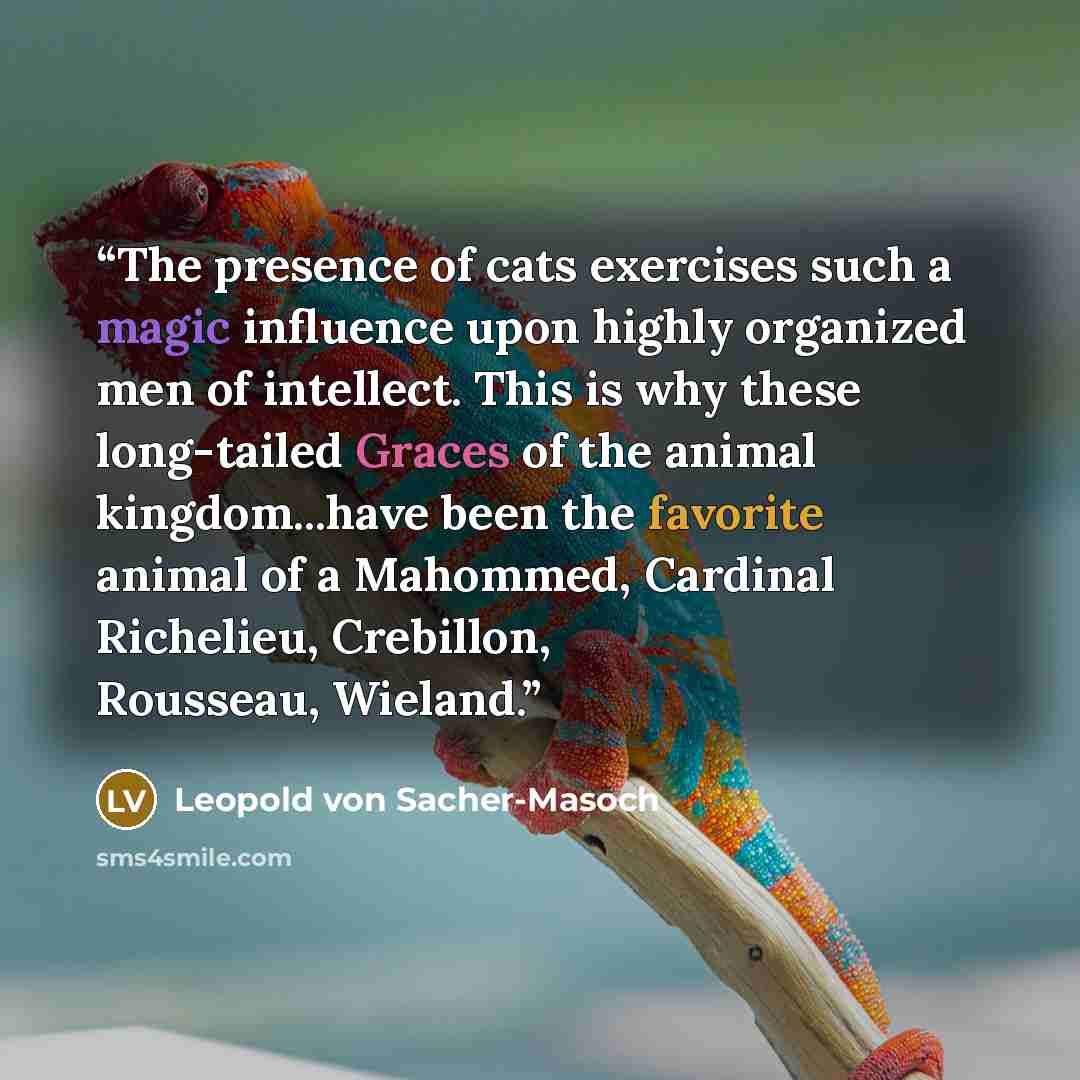 “The presence of cats exercises such a magic influence upon highly organized men of intellect. This is why these long-tailed Graces of the animal kingdom...have been the favorite animal of a Mahommed, Cardinal Richelieu, Crebillon, Rousseau, Wieland.” quote by Leopold von Sacher-Masoch