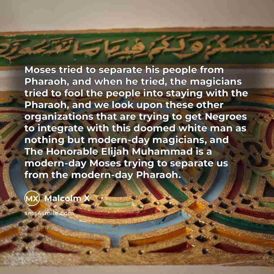 “Moses tried to separate his people from Pharaoh, and when he tried, the magicians tried to fool the people into staying with the Pharaoh, and we look upon these other organizations that are trying to get Negroes to integrate with this doomed white man as nothing but modern-day magicians, and The…” quote by Malcolm X