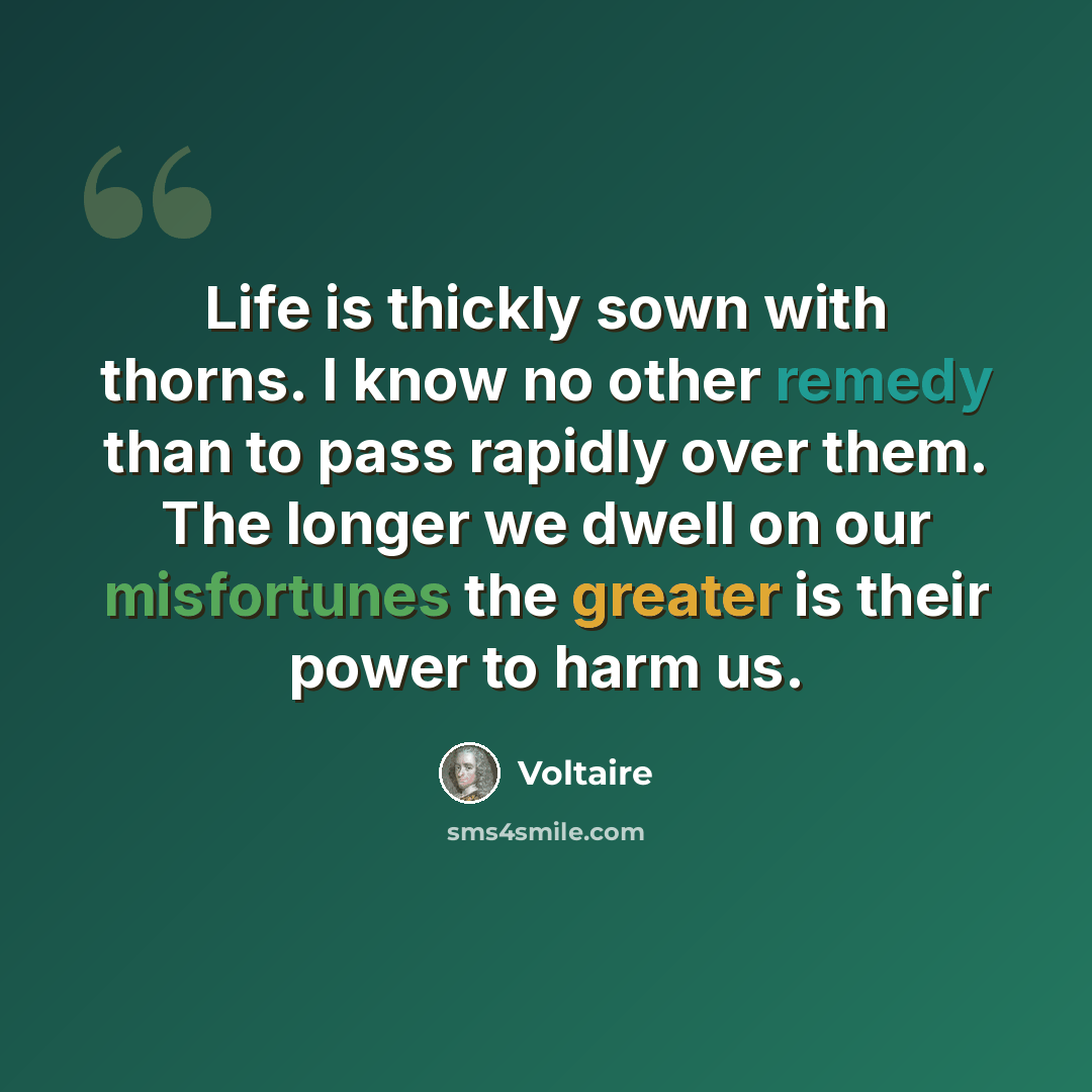“Life is thickly sown with thorns. I know no other remedy than to pass rapidly over them. The longer we dwell on our misfortunes the greater is their power to harm us.” quote by Voltaire