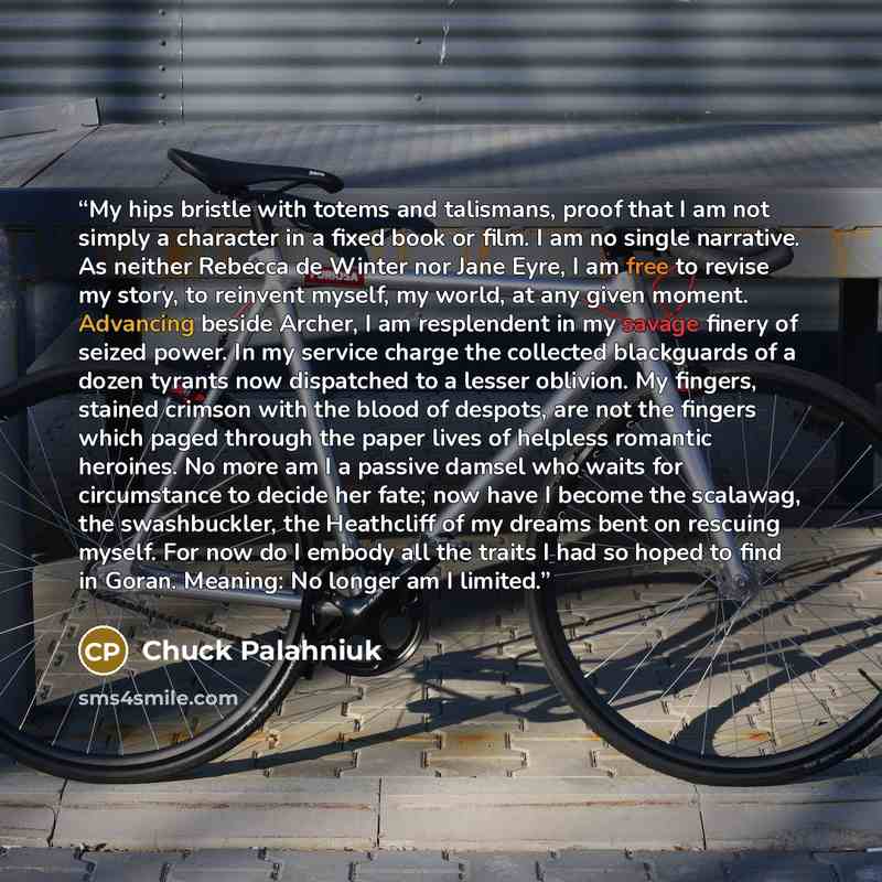 “My hips bristle with totems and talismans, proof that I am not simply a character in a fixed book or film. I am no single narrative. As neither Rebecca de Winter nor Jane Eyre, I am free to revise my story, to reinvent myself, my world, at any given moment. Advancing beside Archer, I am…” quote by Chuck Palahniuk