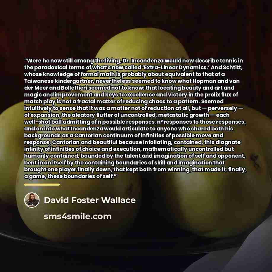 “Were he now still among the living, Dr. Incandenza would now describe tennis in the paradoxical terms of what’s now called ‘Extra-Linear Dynamics.’ And Schtitt, whose knowledge of formal math is probably about equivalent to that of a Taiwanese kindergartner, nevertheless seemed to know what Hopman…” quote by David Foster Wallace