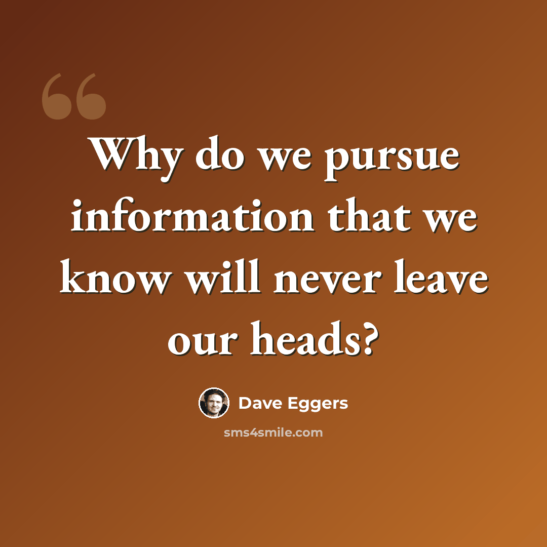 “Why do we pursue information that we know will never leave our heads?” quote by Dave Eggers