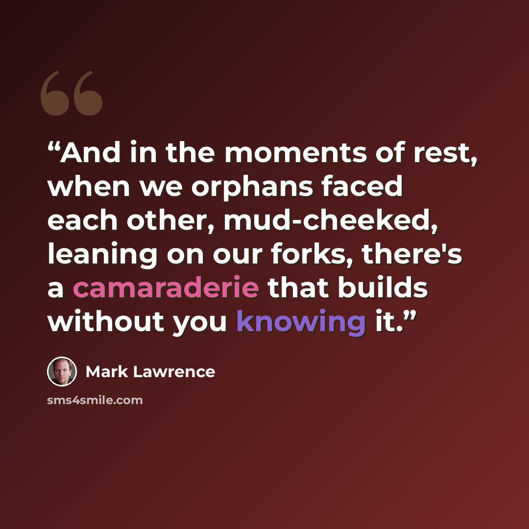 “And in the moments of rest, when we orphans faced each other, mud-cheeked, leaning on our forks, there's a camaraderie that builds without you knowing it.” quote by Mark Lawrence