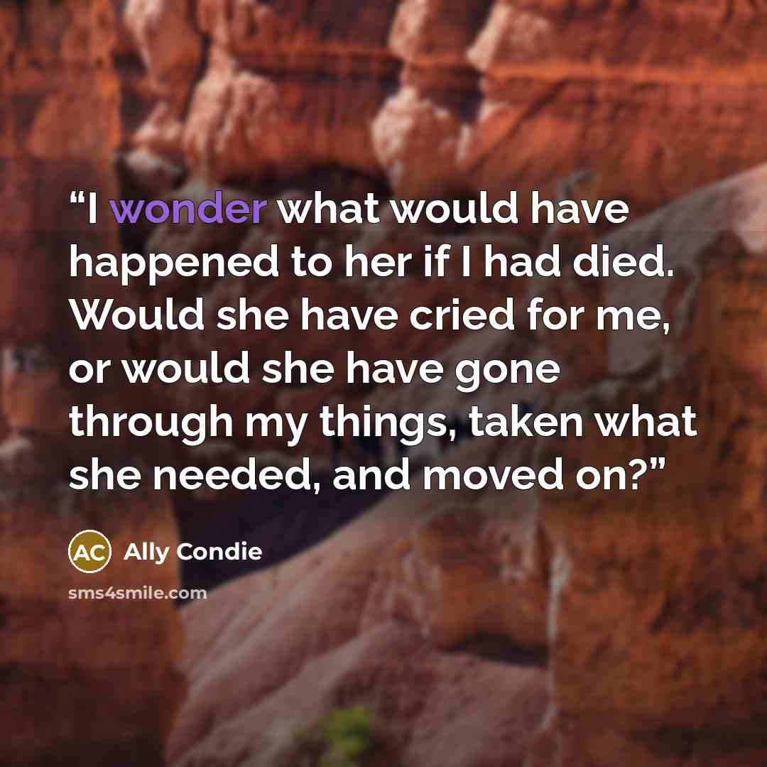 “I wonder what would have happened to her if I had died. Would she have cried for me, or would she have gone through my things, taken what she needed, and moved on?” quote by Ally Condie