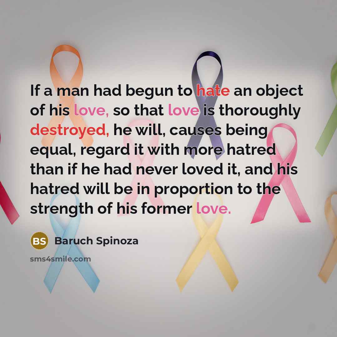 “If a man had begun to hate an object of his love, so that love is thoroughly destroyed, he will, causes being equal, regard it with more hatred than if he had never loved it, and his hatred will be in proportion to the strength of his former love.” quote by Baruch Spinoza