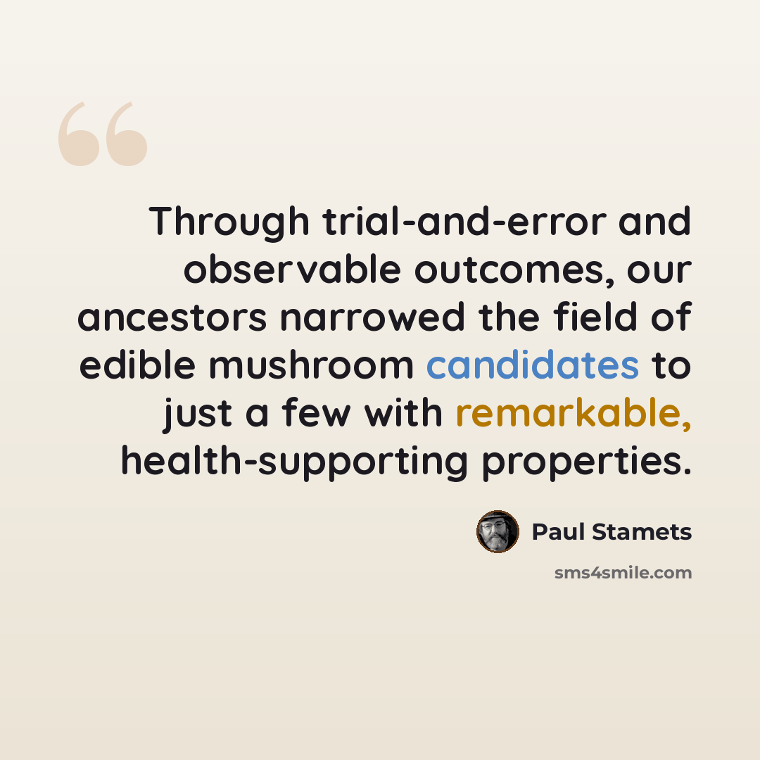“Through trial-and-error and observable outcomes, our ancestors narrowed the field of edible mushroom candidates to just a few with remarkable, health-supporting properties.” quote by Paul Stamets