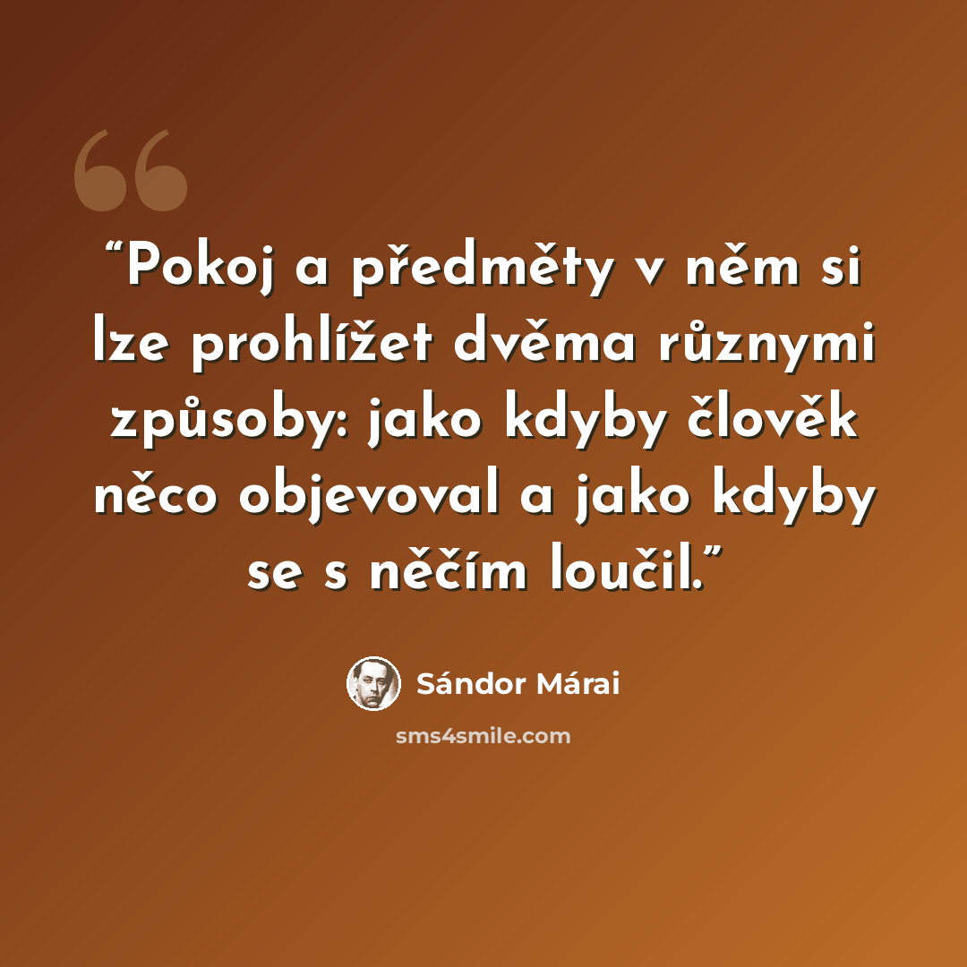 “Pokoj a předměty v něm si lze prohlížet dvěma různymi způsoby: jako kdyby člověk něco objevoval a jako kdyby se s něčím loučil.” quote by Sándor Márai
