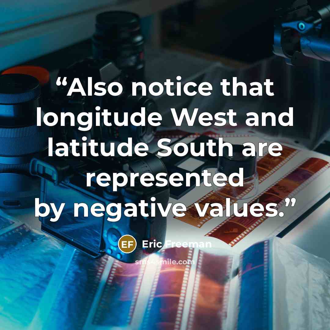 “Also notice that longitude West and latitude South are represented by negative values.” quote by Eric Freeman