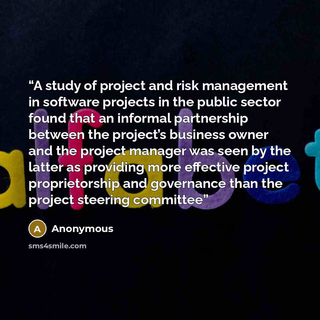“A study of project and risk management in software projects in the public sector found that an informal partnership between the project’s business owner and the project manager was seen by the latter as providing more effective project proprietorship and governance than the project steering…” quote by Anonymous