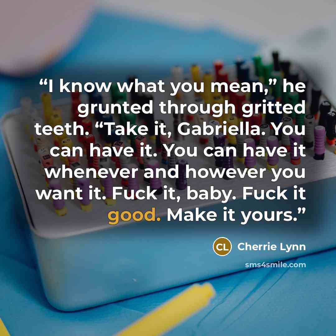 “I know what you mean,” he grunted through gritted teeth. “Take it, Gabriella. You can have it. You can have it whenever and however you want it. Fuck it, baby. Fuck it good. Make it yours.” quote by Cherrie Lynn
