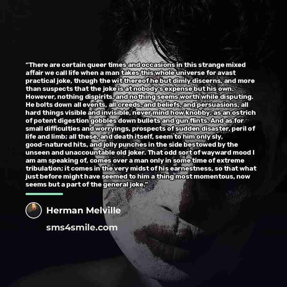 “There are certain queer times and occasions in this strange mixed affair we call life when a man takes this whole universe for avast practical joke, though the wit thereof he but dimly discerns, and more than suspects that the joke is at nobody's expense but his own. However, nothing dispirits…” quote by Herman Melville