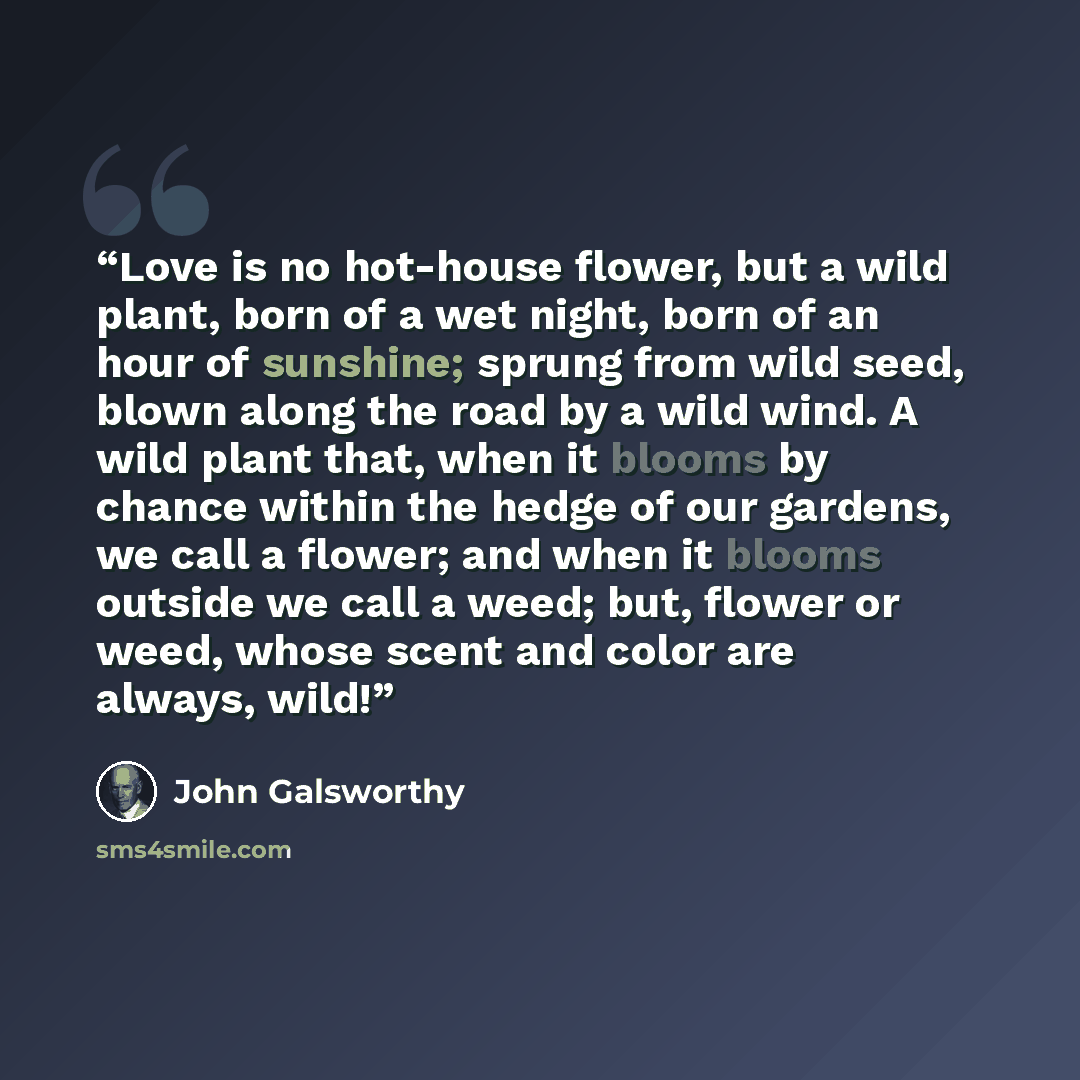 “Love is no hot-house flower, but a wild plant, born of a wet night, born of an hour of sunshine; sprung from wild seed, blown along the road by a wild wind. A wild plant that, when it blooms by chance within the hedge of our gardens, we call a flower; and when it blooms outside we call a weed…” quote by John Galsworthy