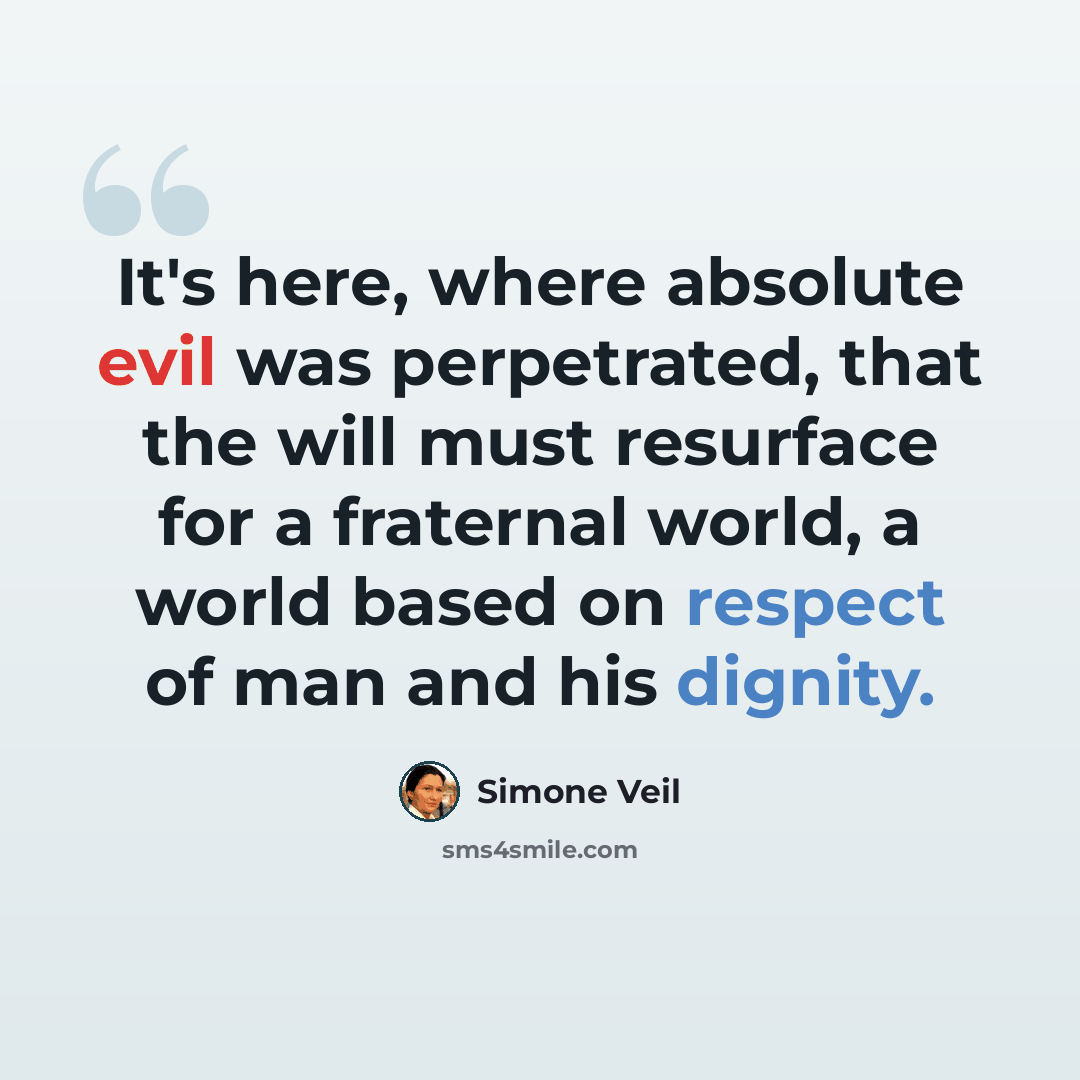 “It's here, where absolute evil was perpetrated, that the will must resurface for a fraternal world, a world based on respect of man and his dignity.” quote by Simone Veil