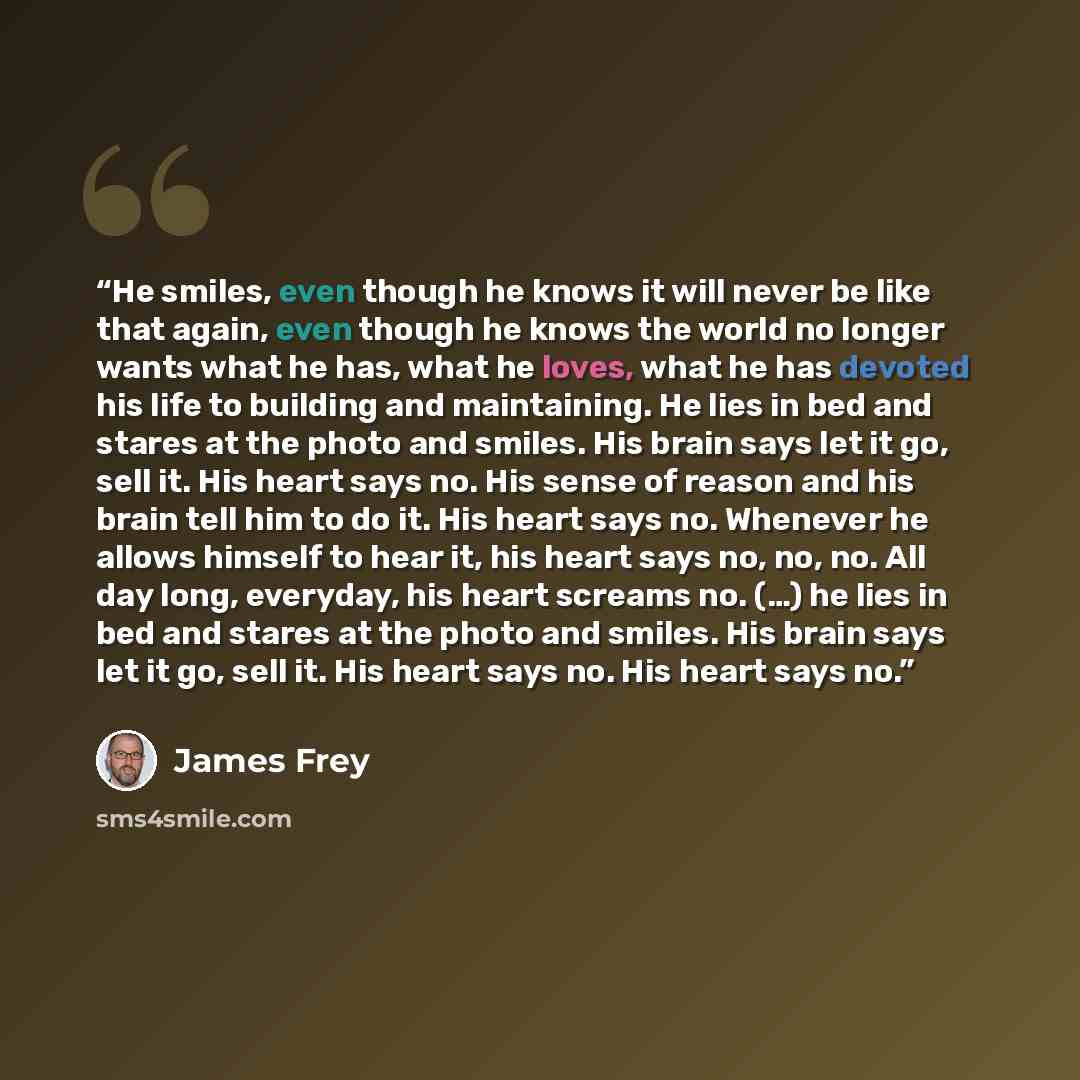 “He smiles, even though he knows it will never be like that again, even though he knows the world no longer wants what he has, what he loves, what he has devoted his life to building and maintaining. He lies in bed and stares at the photo and smiles. His brain says let it go, sell it. His heart…” quote by James Frey