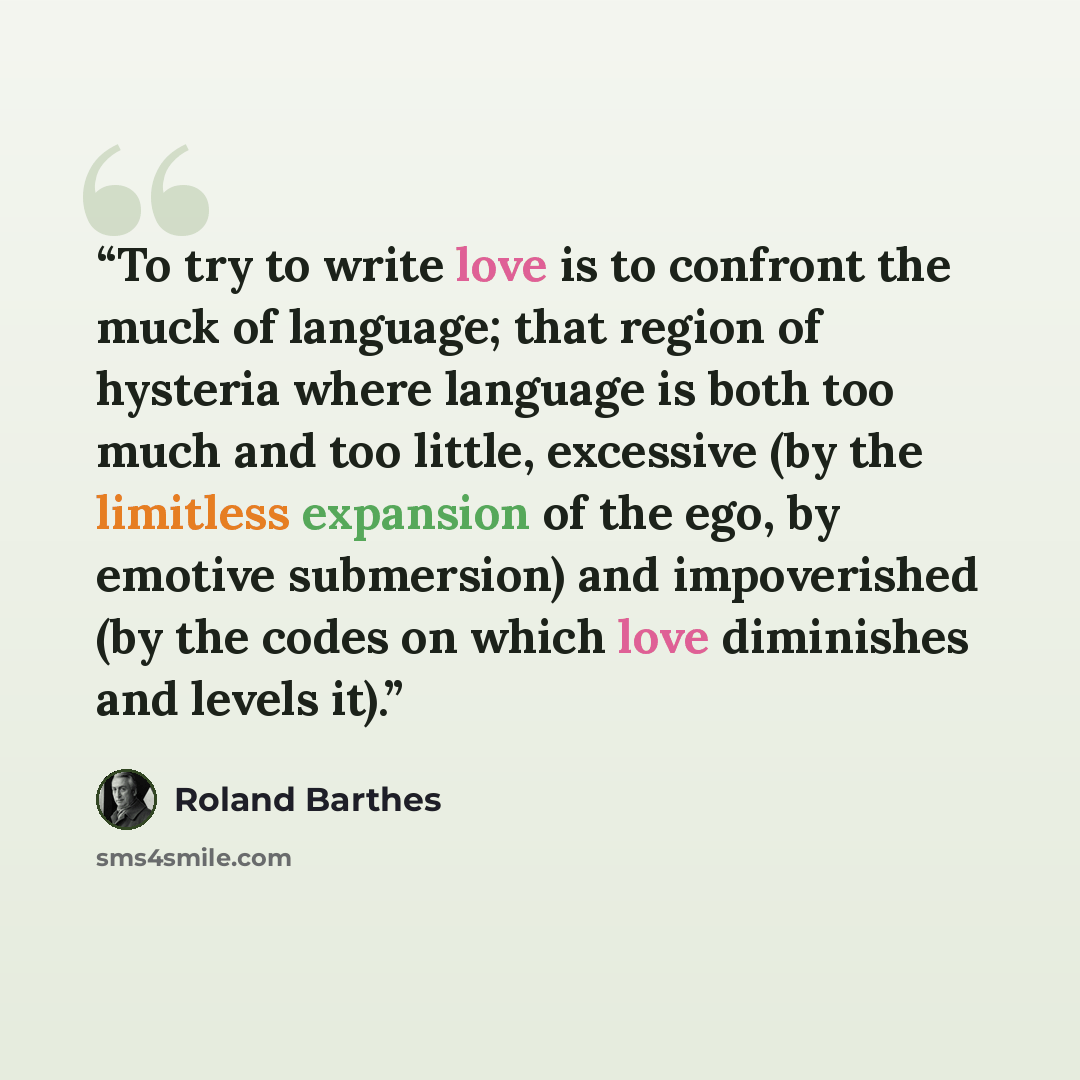 “To try to write love is to confront the muck of language; that region of hysteria where language is both too much and too little, excessive (by the limitless expansion of the ego, by emotive submersion) and impoverished (by the codes on which love diminishes and levels it).” quote by Roland Barthes