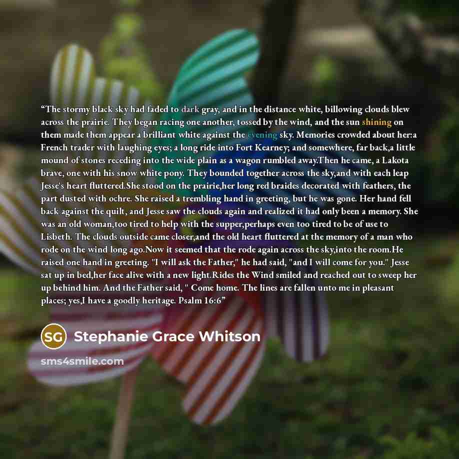 “The stormy black sky had faded to dark gray, and in the distance white, billowing clouds blew across the prairie. They began racing one another, tossed by the wind, and the sun shining on them made them appear a brilliant white against the evening sky. Memories crowded about her:a French trader…” quote by Stephanie Grace Whitson