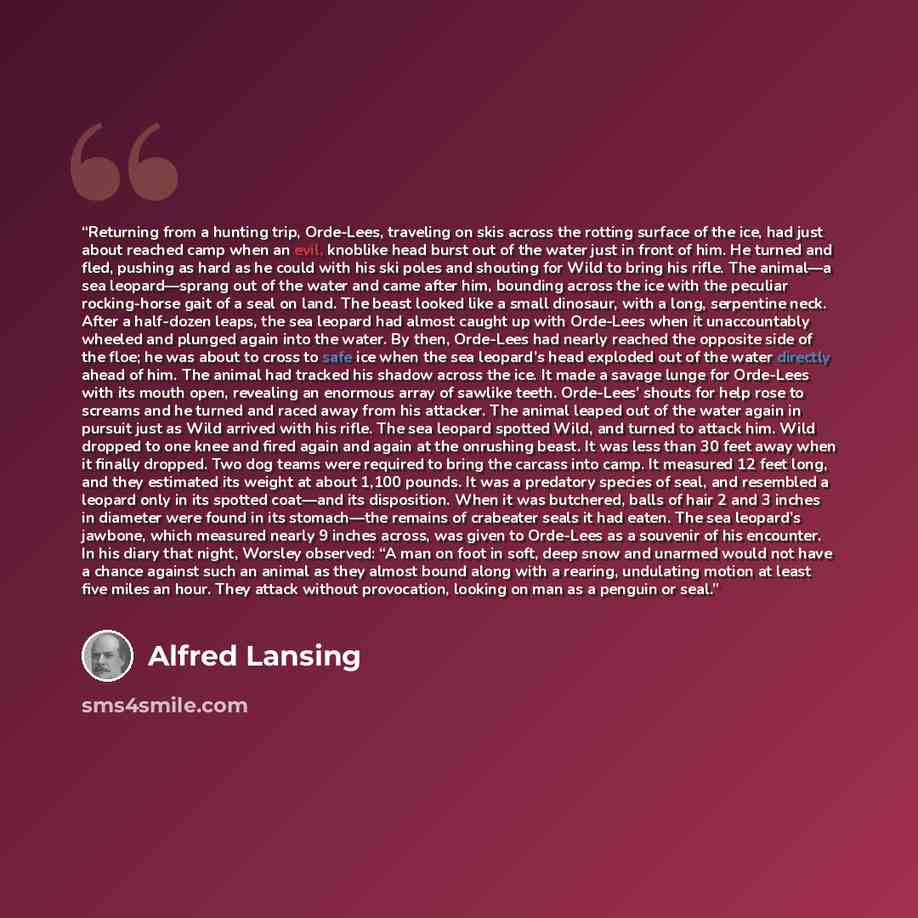 “Returning from a hunting trip, Orde-Lees, traveling on skis across the rotting surface of the ice, had just about reached camp when an evil, knoblike head burst out of the water just in front of him. He turned and fled, pushing as hard as he could with his ski poles and shouting for Wild to bring…” quote by Alfred Lansing