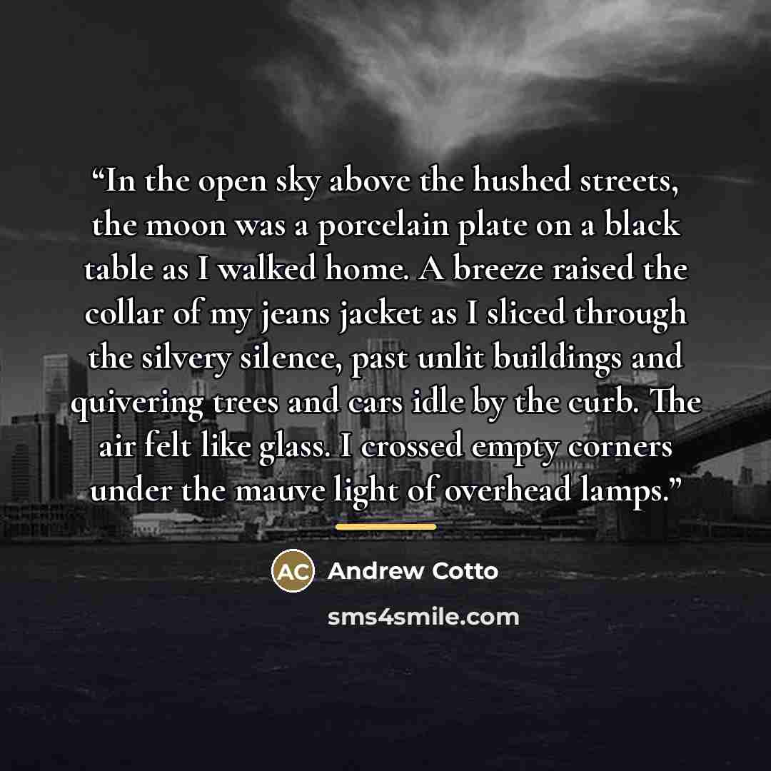 “In the open sky above the hushed streets, the moon was a porcelain plate on a black table as I walked home. A breeze raised the collar of my jeans jacket as I sliced through the silvery silence, past unlit buildings and quivering trees and cars idle by the curb. The air felt like glass. I crossed…” quote by Andrew Cotto