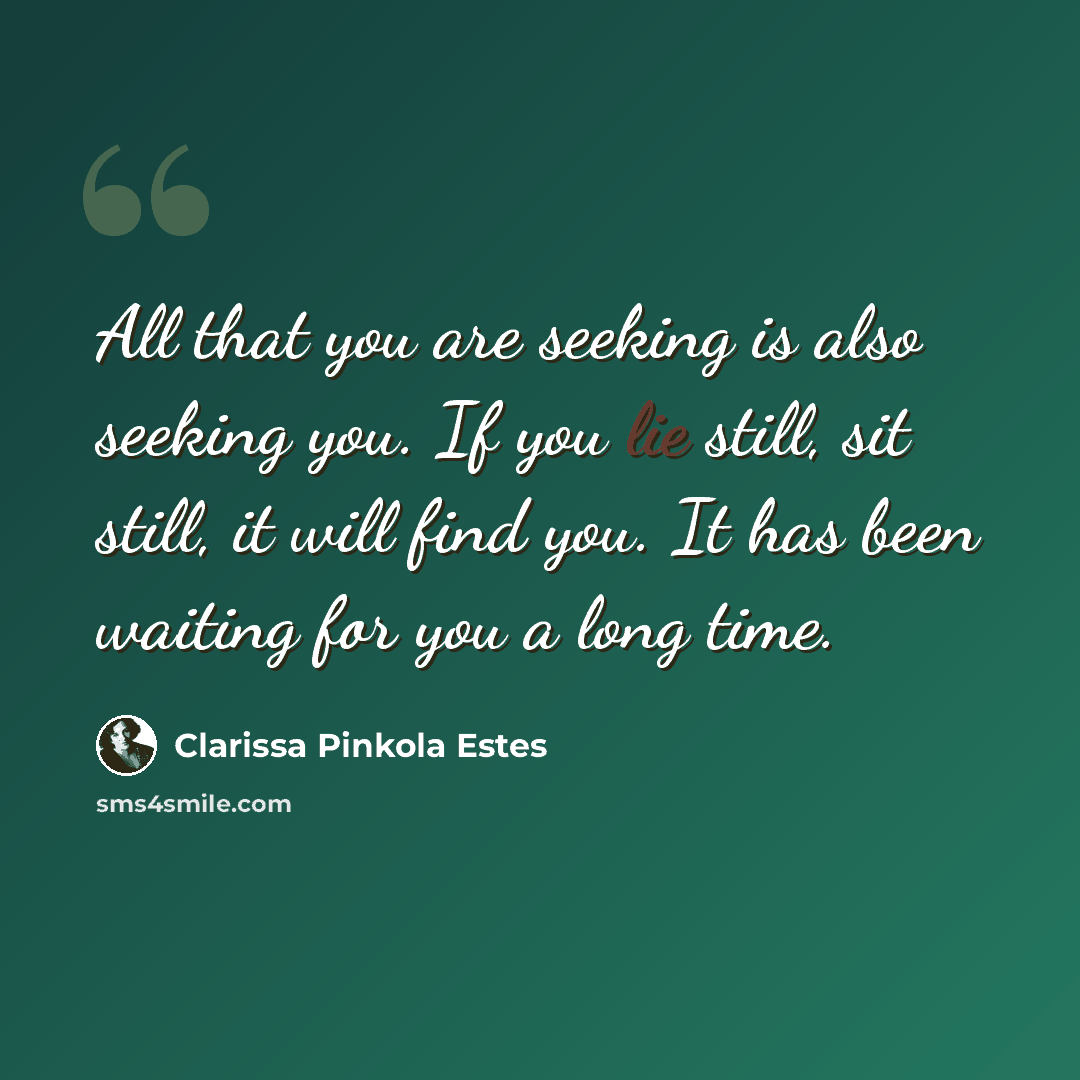 “All that you are seeking is also seeking you. If you lie still, sit still, it will find you. It has been waiting for you a long time.” quote by Clarissa Pinkola Estes