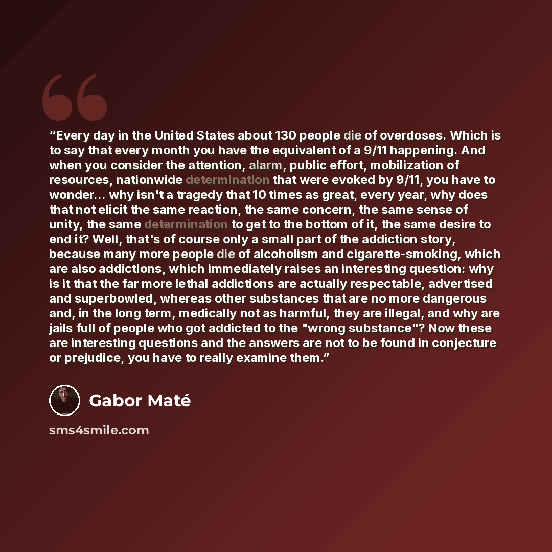 “Every day in the United States about 130 people die of overdoses. Which is to say that every month you have the equivalent of a 9/11 happening. And when you consider the attention, alarm, public effort, mobilization of resources, nationwide determination that were evoked by 9/11, you have to…” quote by Gabor Maté