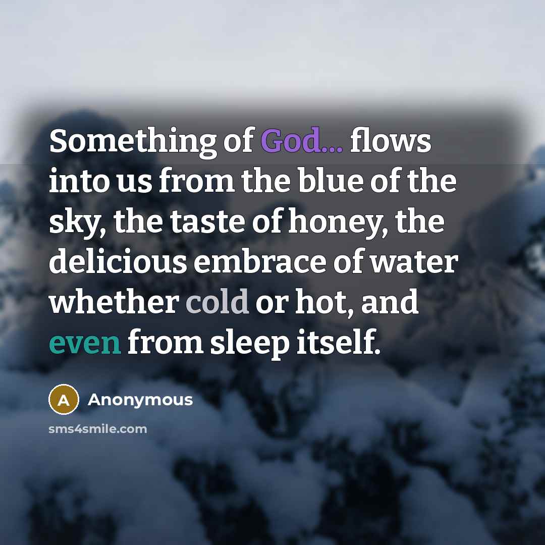“Something of God... flows into us from the blue of the sky, the taste of honey, the delicious embrace of water whether cold or hot, and even from sleep itself.” quote by Anonymous