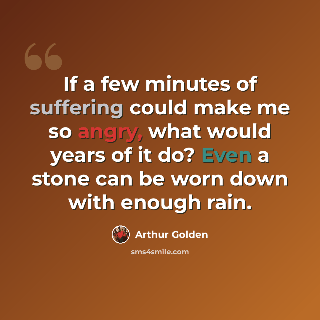 “If a few minutes of suffering could make me so angry, what would years of it do? Even a stone can be worn down with enough rain.” quote by Arthur Golden