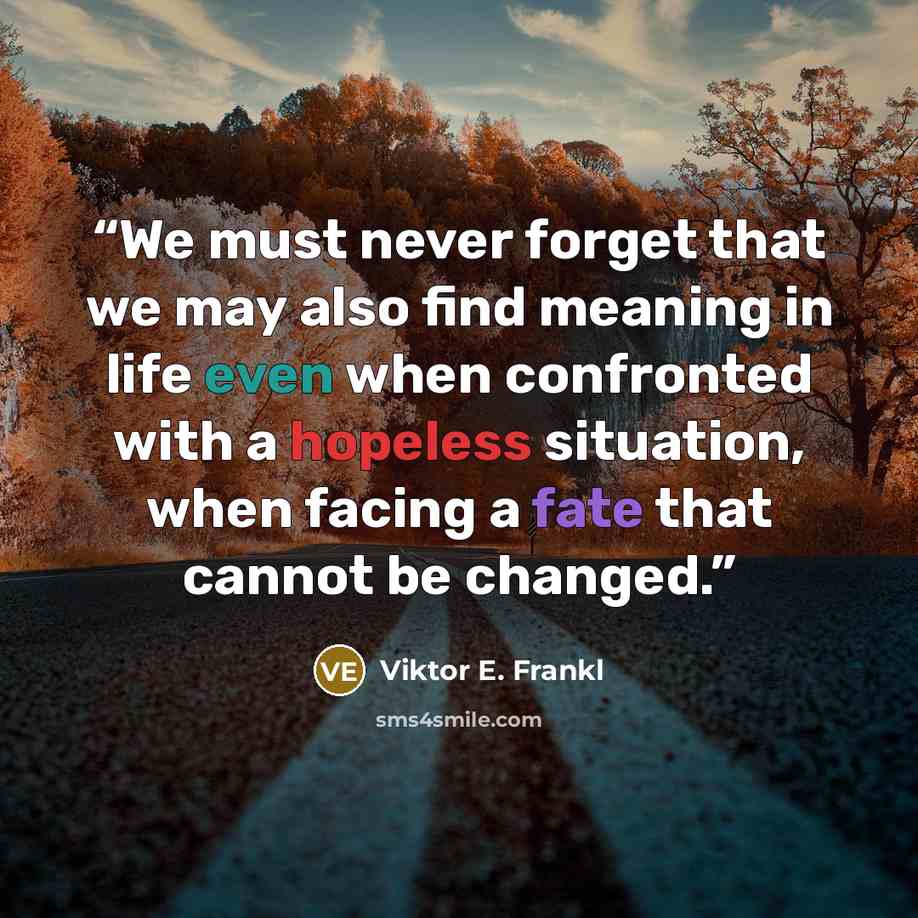 “We must never forget that we may also find meaning in life even when confronted with a hopeless situation, when facing a fate that cannot be changed.” quote by Viktor E. Frankl