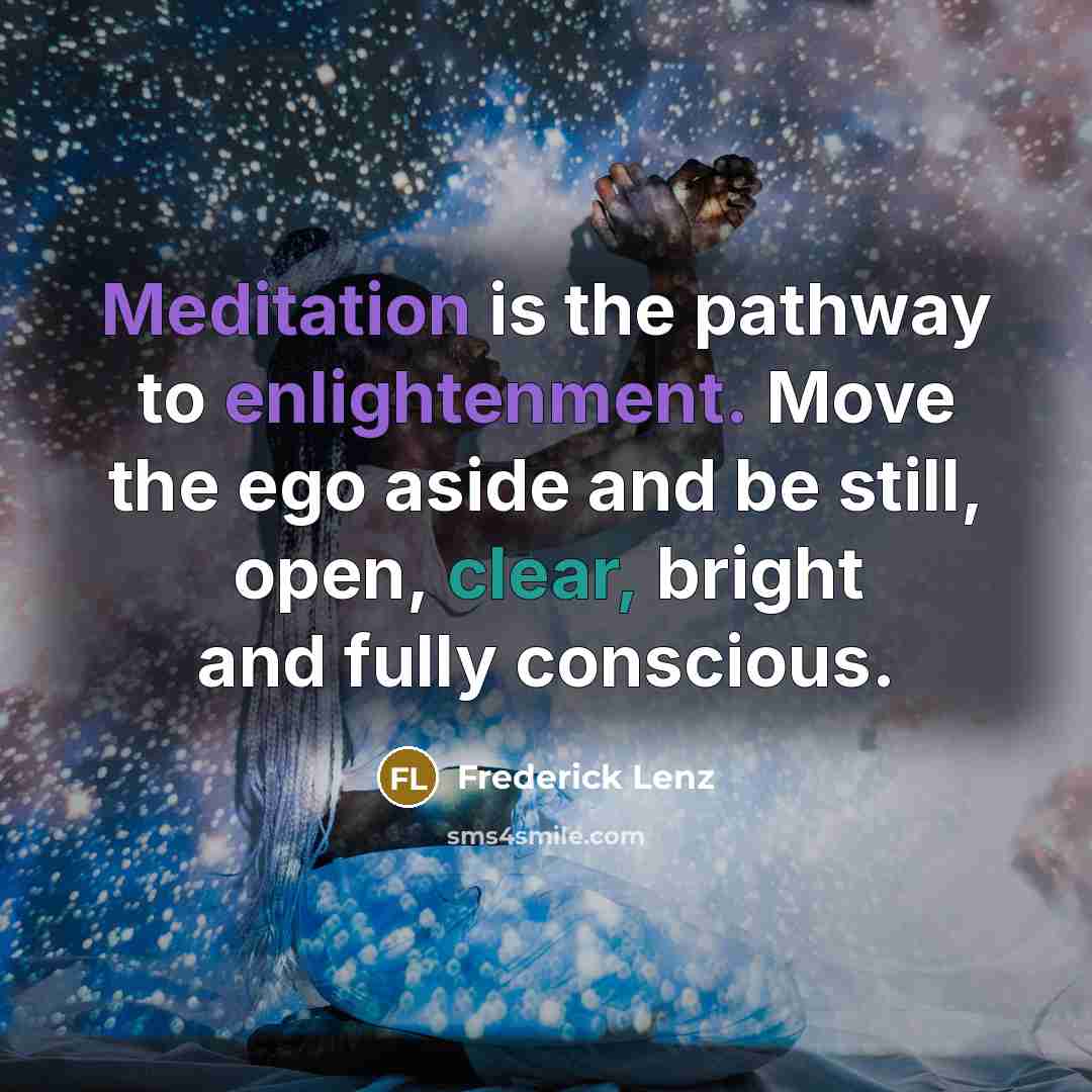“Meditation is the pathway to enlightenment. Move the ego aside and be still, open, clear, bright and fully conscious.” quote by Frederick Lenz