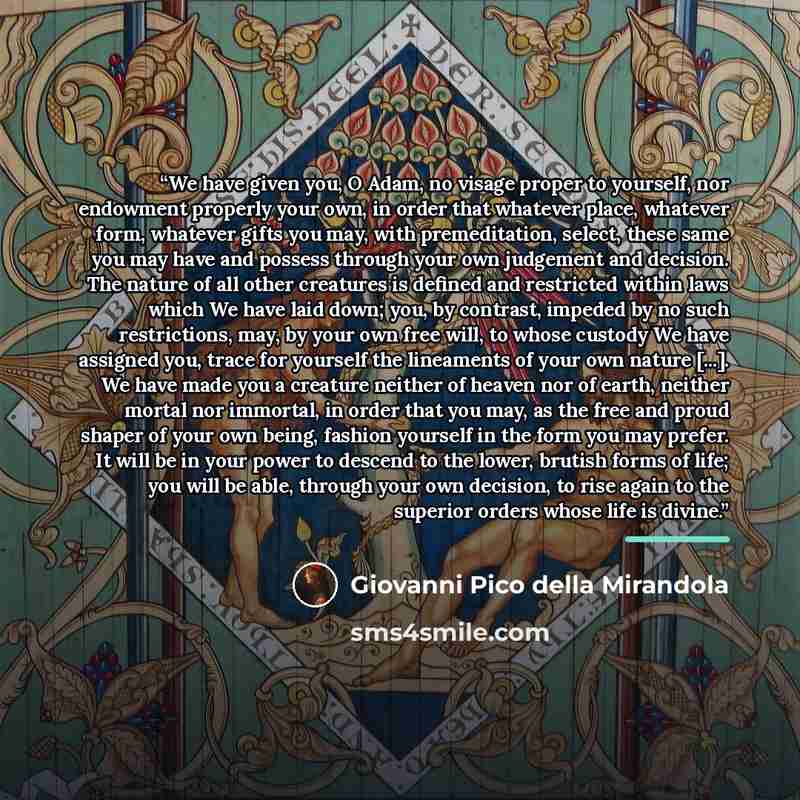 “We have given you, O Adam, no visage proper to yourself, nor endowment properly your own, in order that whatever place, whatever form, whatever gifts you may, with premeditation, select, these same you may have and possess through your own judgement and decision. The nature of all other creatures…” quote by Giovanni Pico Della Mirandola