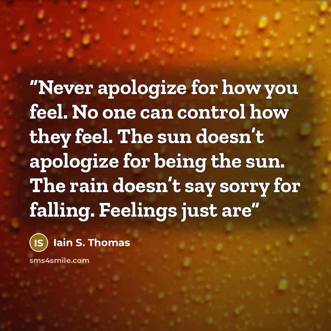 “Never apologize for how you feel. No one can control how they feel. The sun doesn’t apologize for being the sun. The rain doesn’t say sorry for falling. Feelings just are” quote by Iain S. Thomas