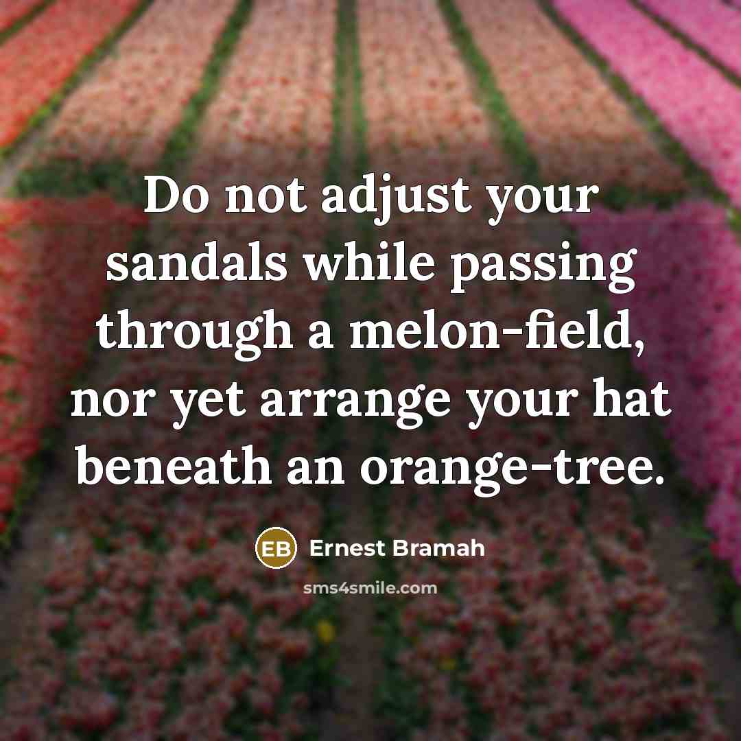 “Do not adjust your sandals while passing through a melon-field, nor yet arrange your hat beneath an orange-tree.” quote by Ernest Bramah