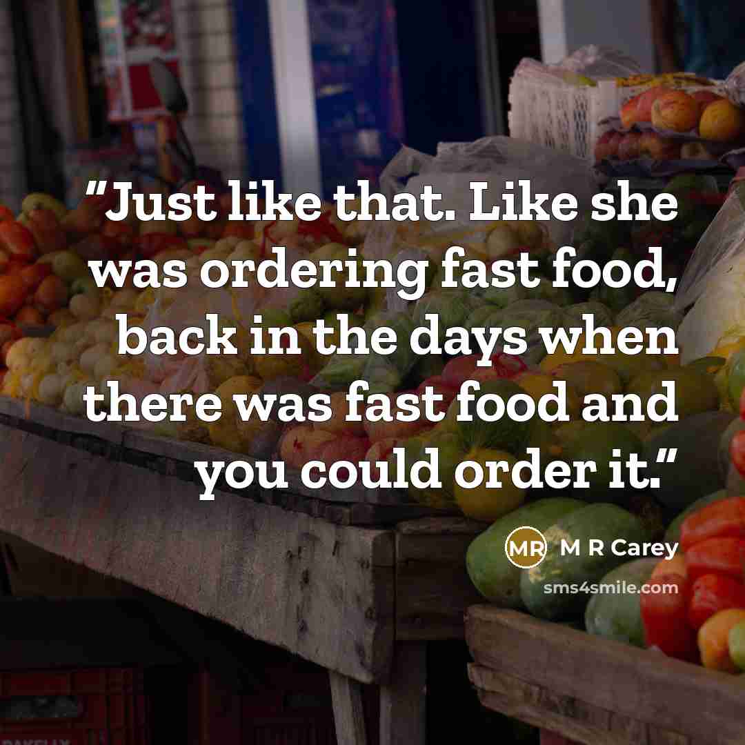 “Just like that. Like she was ordering fast food, back in the days when there was fast food and you could order it.” quote by M R Carey