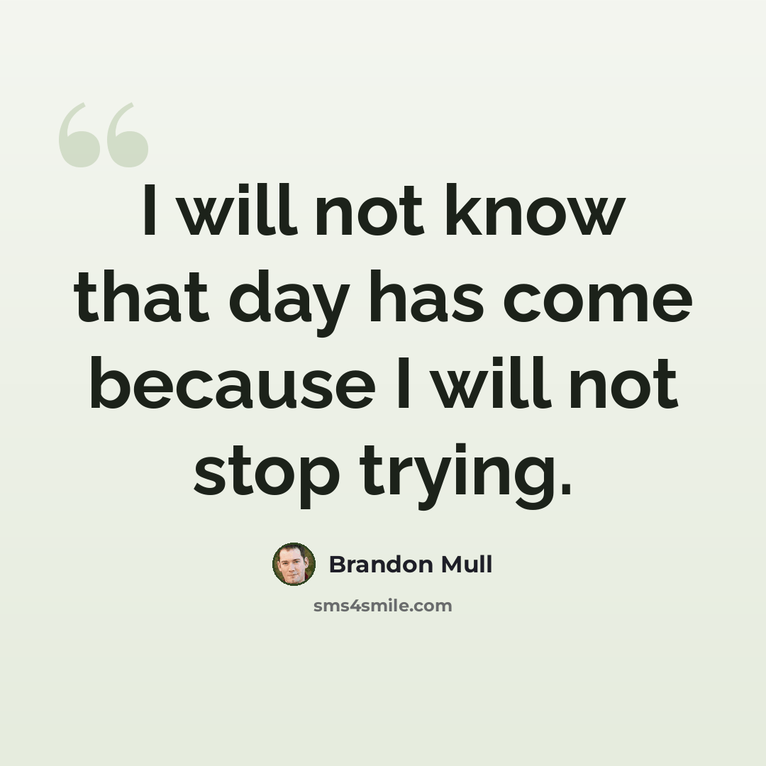 “I will not know that day has come because I will not stop trying.” quote by Brandon Mull