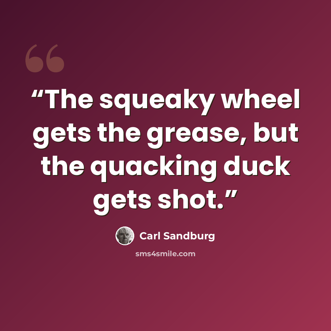 “The squeaky wheel gets the grease, but the quacking duck gets shot.” quote by Carl Sandburg