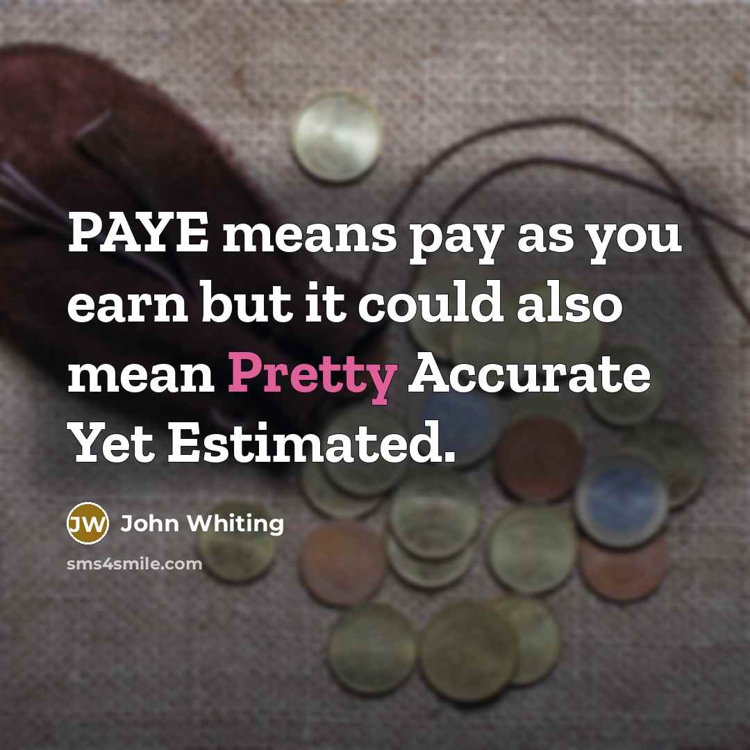 “PAYE means pay as you earn but it could also mean Pretty Accurate Yet Estimated.” quote by John Whiting