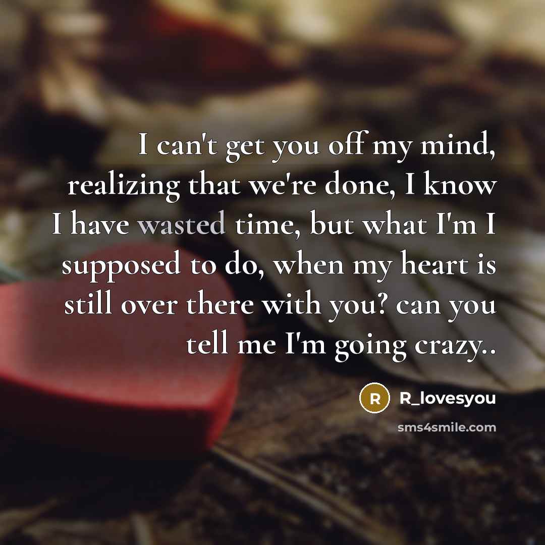 “I can't get you off my mind, realizing that we're done, I know I have wasted time, but what I'm I supposed to do, when my heart is still over there with you? can you tell me I'm going crazy..” quote by R_lovesyou