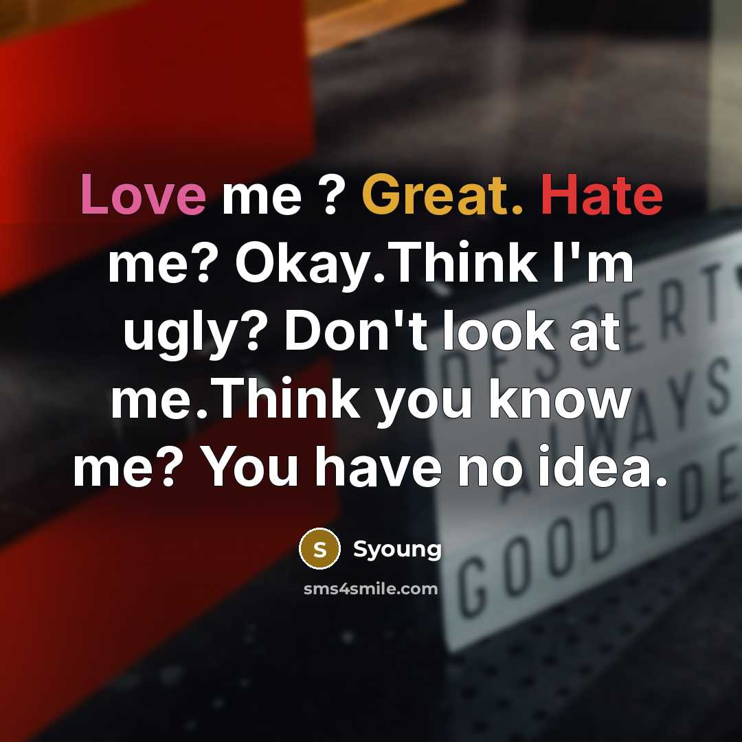“Love me ? Great. Hate me? Okay.Think I'm ugly? Don't look at me.Think you know me? You have no idea.” quote by Syoung