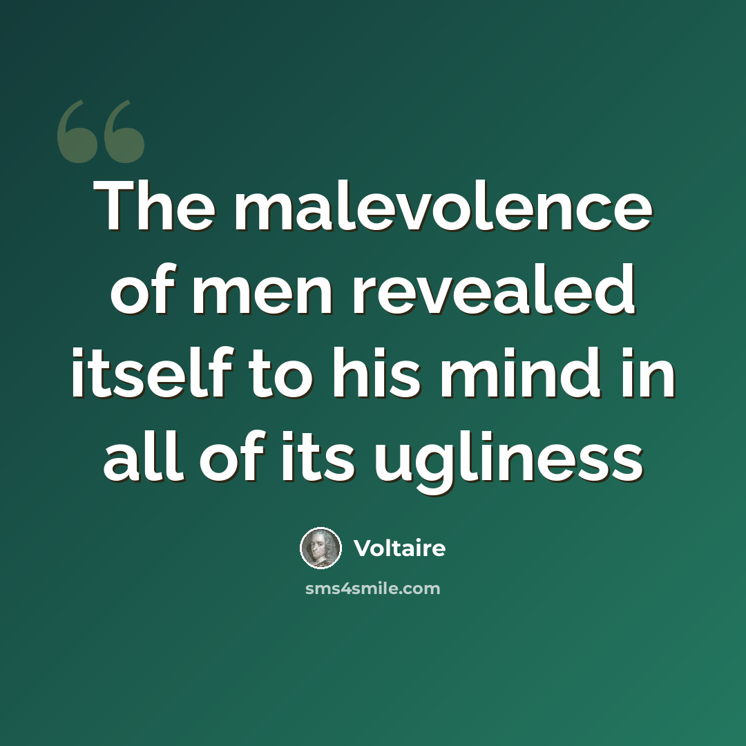 “The malevolence of men revealed itself to his mind in all of its ugliness” quote by Voltaire