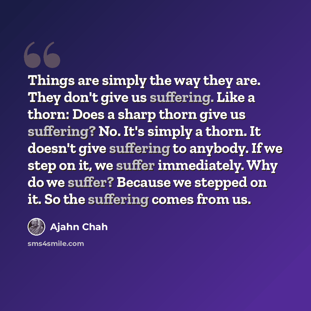 “Things are simply the way they are. They don't give us suffering. Like a thorn: Does a sharp thorn give us suffering? No. It's simply a thorn. It doesn't give suffering to anybody. If we step on it, we suffer immediately. Why do we suffer? Because we stepped on it. So the suffering comes from us.” quote by Ajahn Chah