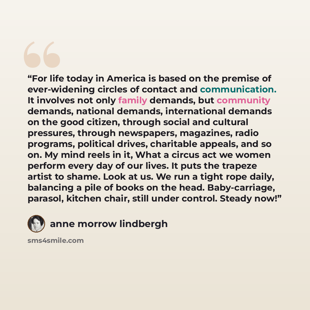 “For life today in America is based on the premise of ever-widening circles of contact and communication. It involves not only family demands, but community demands, national demands, international demands on the good citizen, through social and cultural pressures, through newspapers, magazines…” quote by Anne Morrow Lindbergh