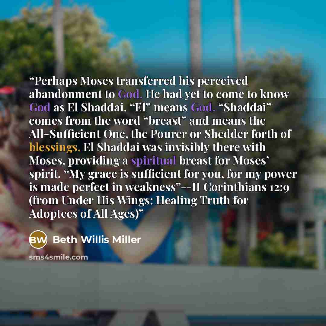 “Perhaps Moses transferred his perceived abandonment to God. He had yet to come to know God as El Shaddai. “El” means God. “Shaddai” comes from the word “breast” and means the All-Sufficient One, the Pourer or Shedder forth of blessings. El Shaddai was invisibly there with Moses, providing a…” quote by Beth Willis Miller